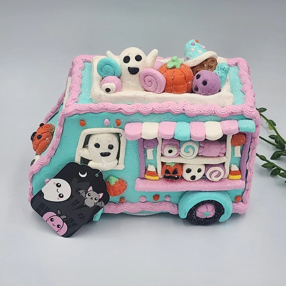 Halloween Gingerbread LED Lighted Ice Cream Truck Pastelween Teal Pink Ghost
